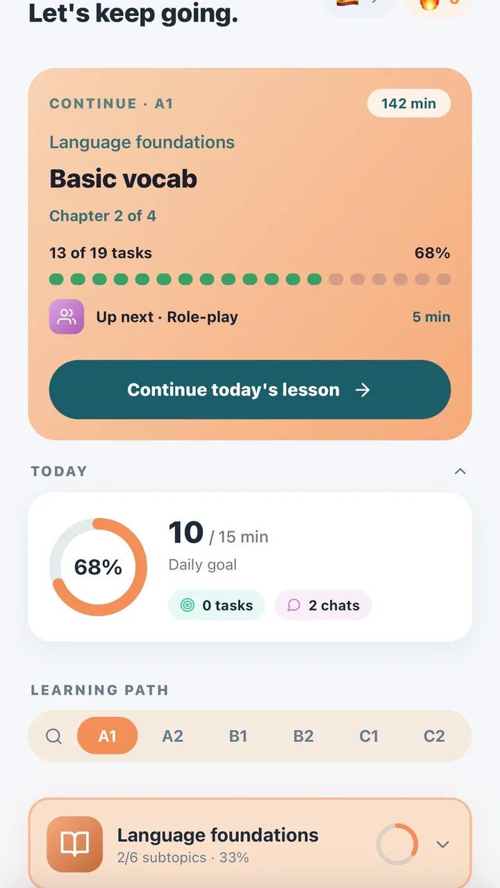 The home screen with today's goal partly complete and the next lesson ready