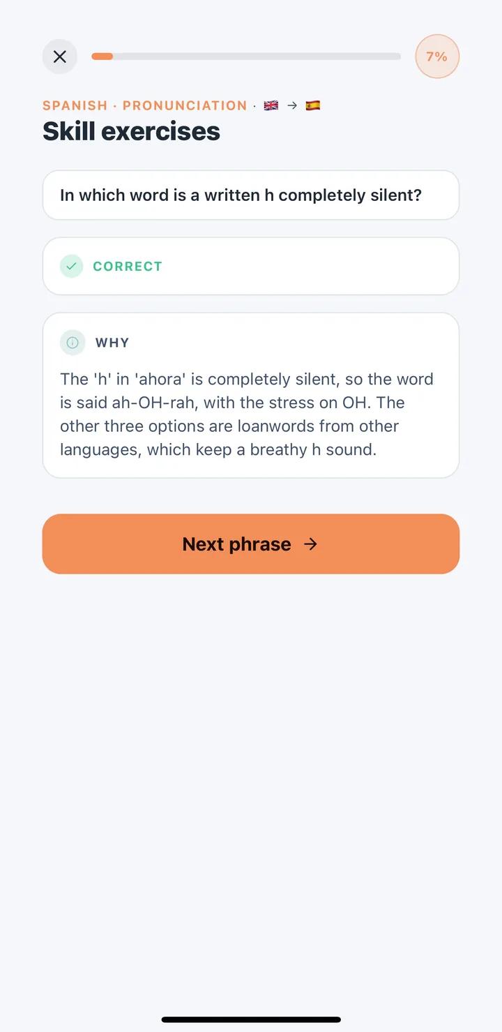 A Spanish pronunciation skill exercise answered correctly, with an explanation of the rule
