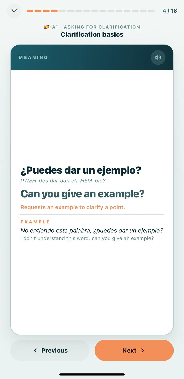A Spanish flashcard turned over, showing the meaning, an example sentence and pronunciation