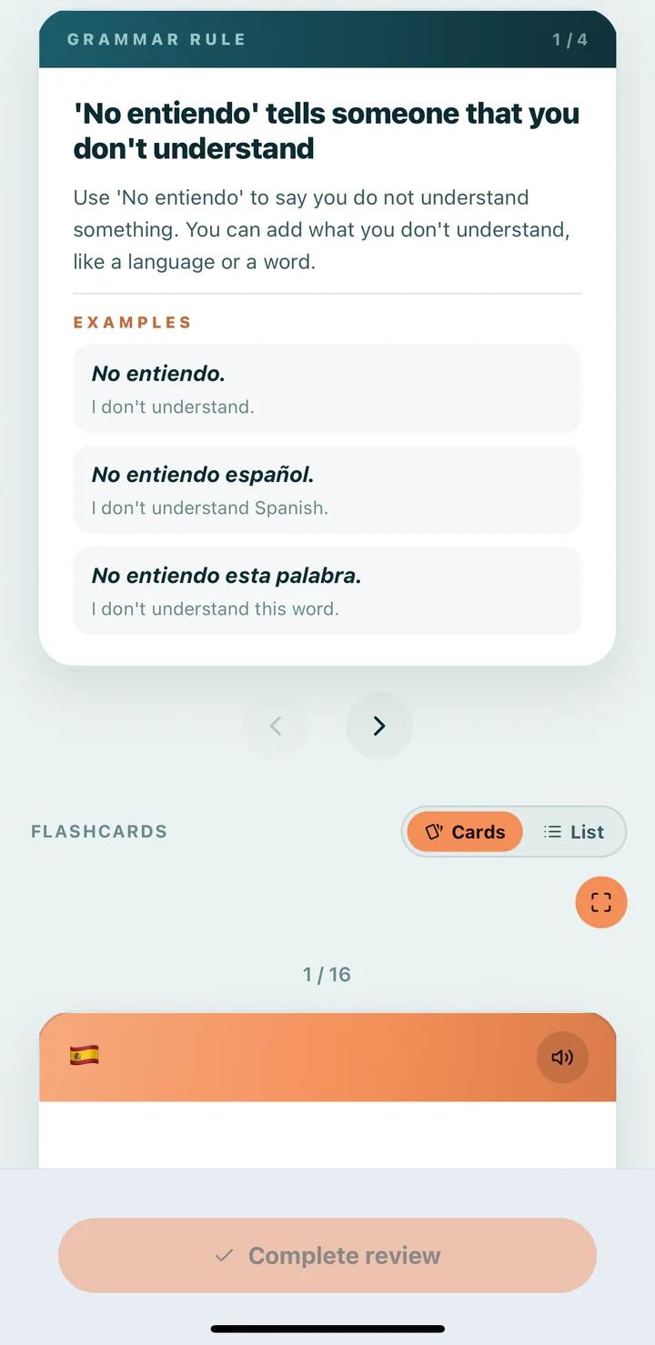 A grammar rule card in a learning deck, with the pattern explained and examples