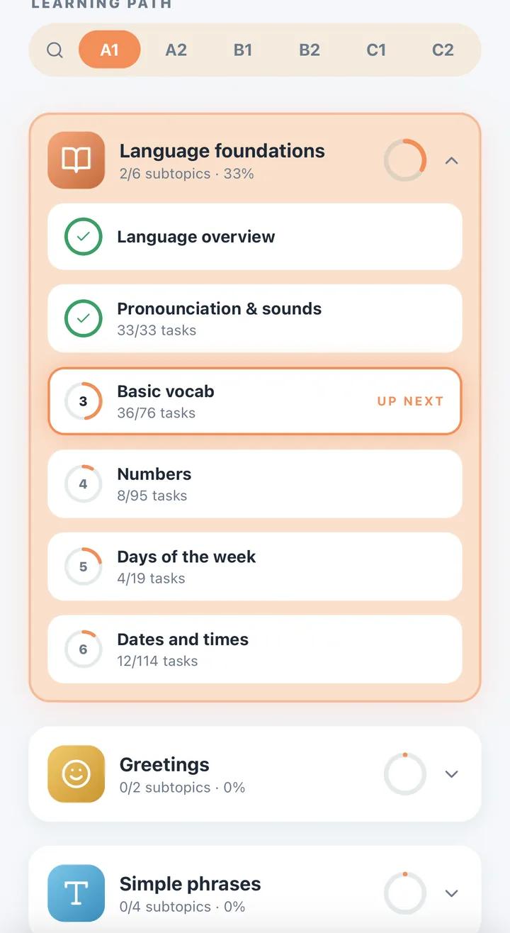 The learning path at A1: Language foundations expanded, with Basic vocab marked up next