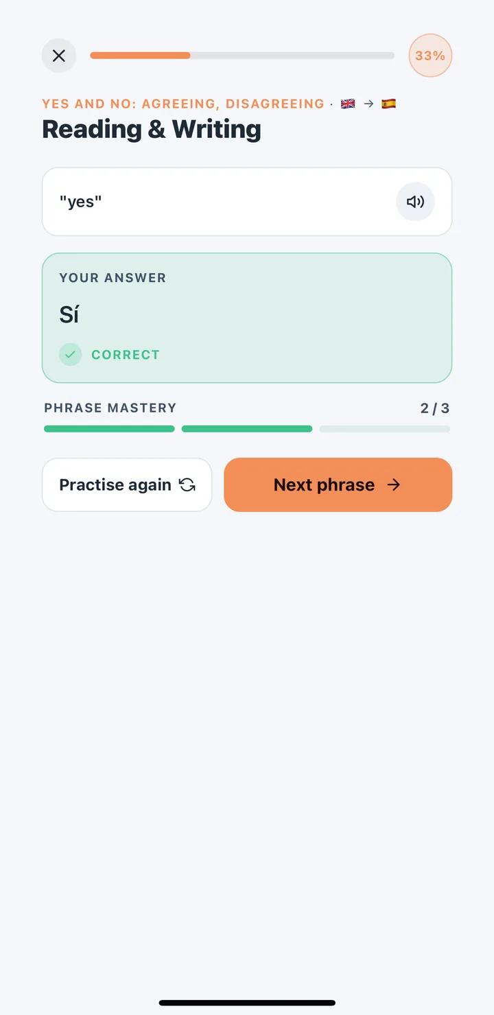 A reading and writing exercise answered correctly, with the marked answer
