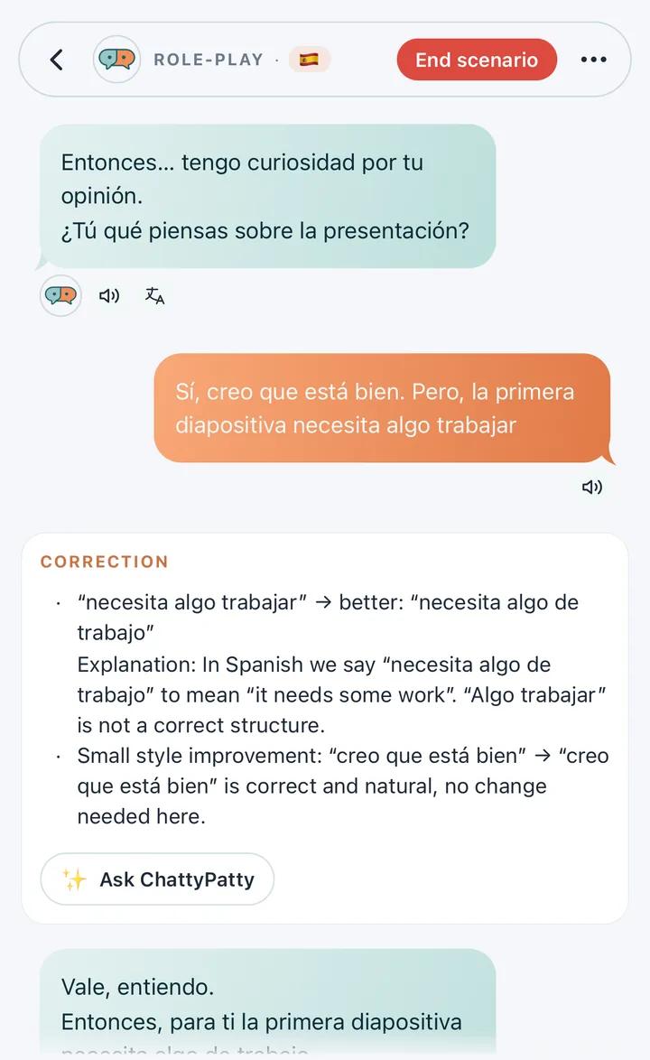 A text role play where ChattyPatty replies in character and corrects the learner's Spanish