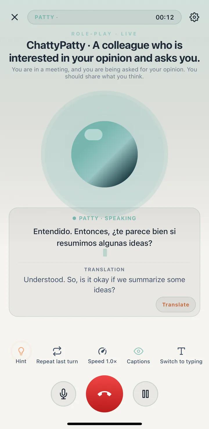 A voice role play with the transcript and its English translation showing